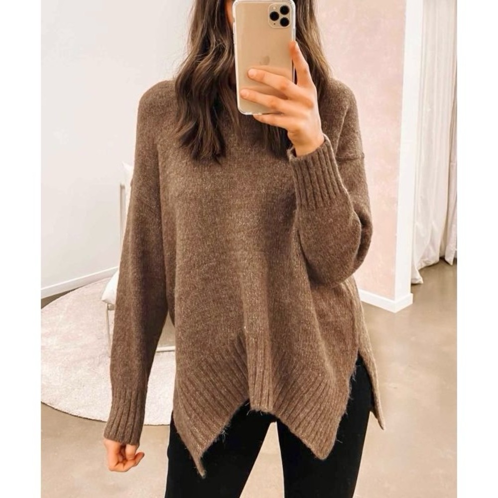 Brown Tan V Neck Ribbed Split Hem Fall Sweater